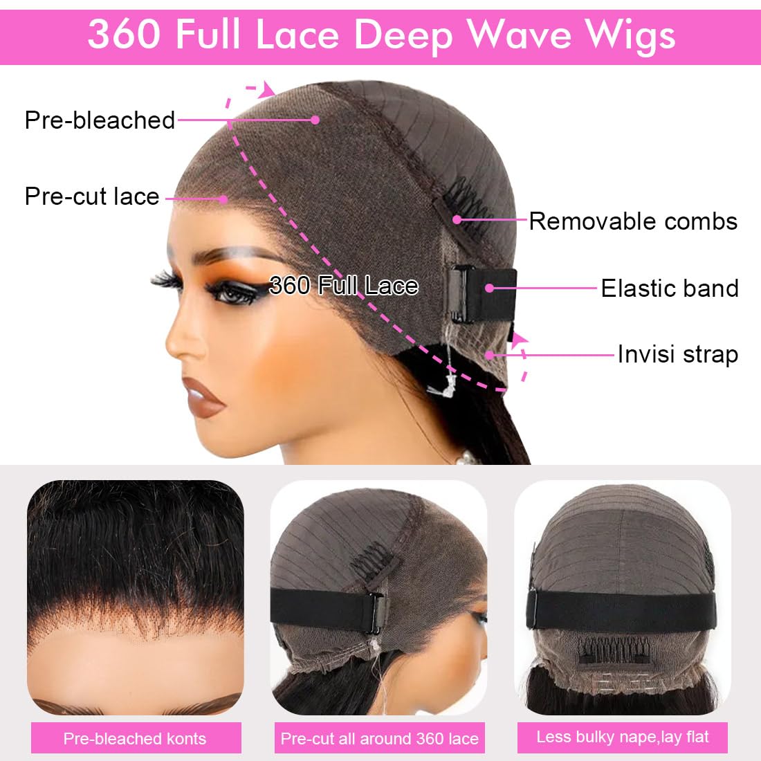 360 Full Lace Human Hair Wig with Hidden Strap – Deep Wave HD Lace, Pre-Plucked