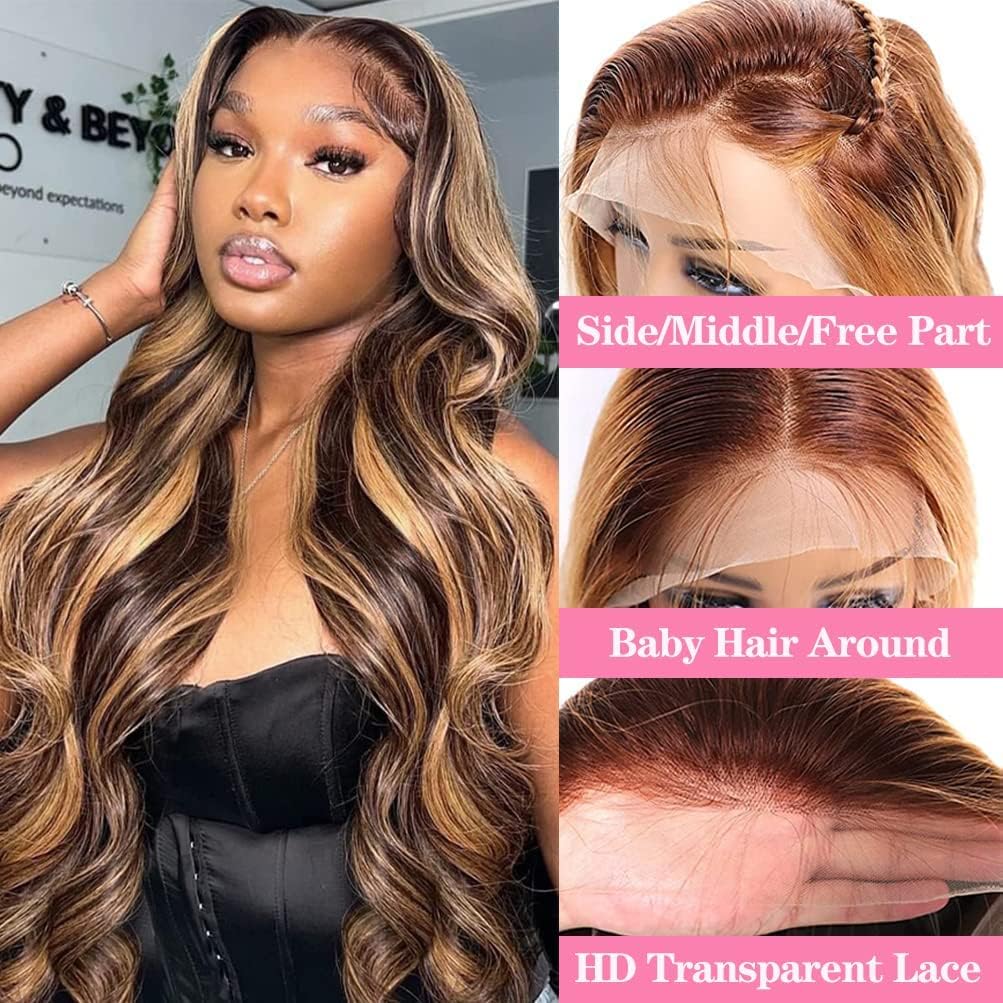360 Lace Front Human Hair Wig Ombre 4/27 Honey Blonde HD Wig