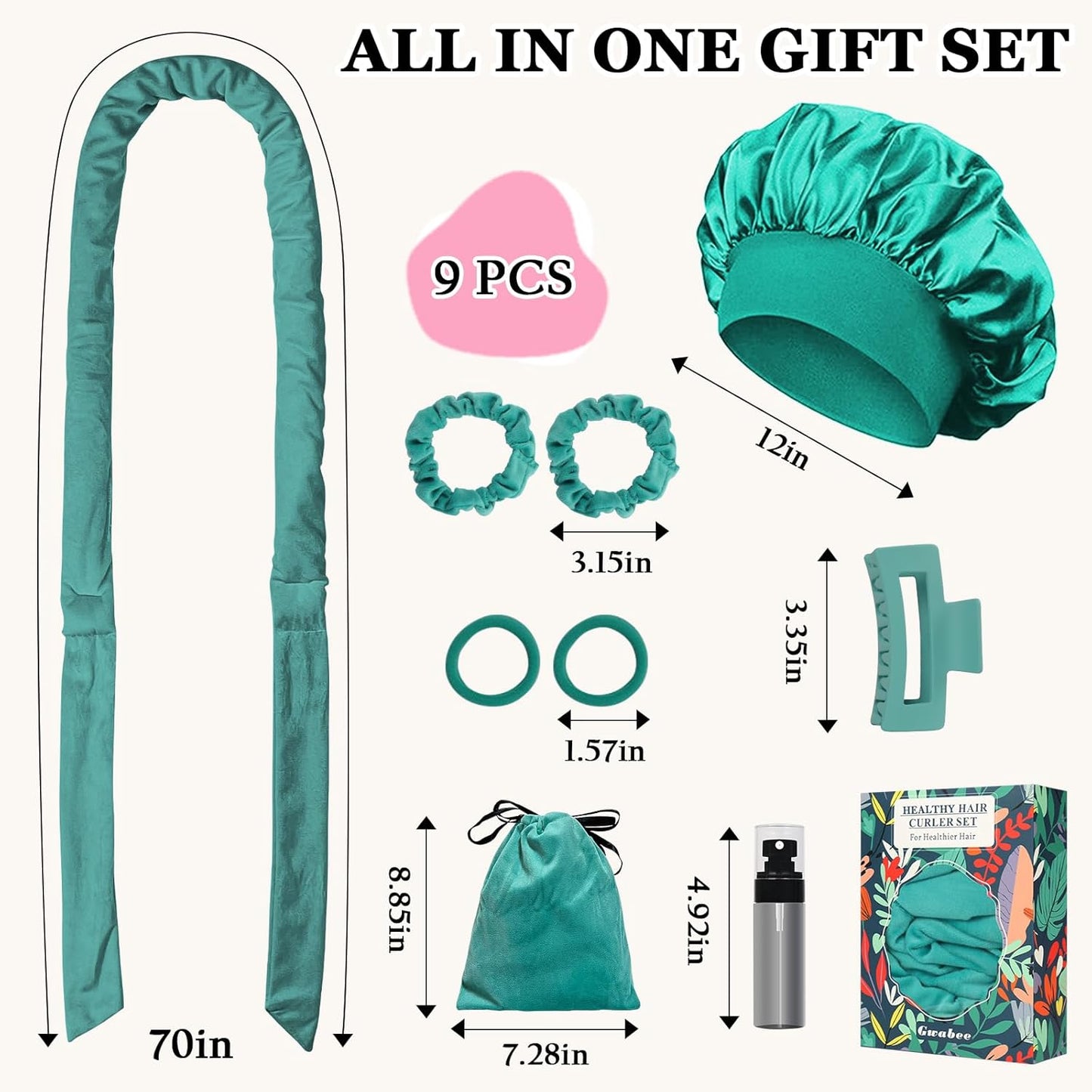No Heat Curling Headband Set – 70'' Soft Ribbon for Long Hair, 9 PCS (Blue Green)