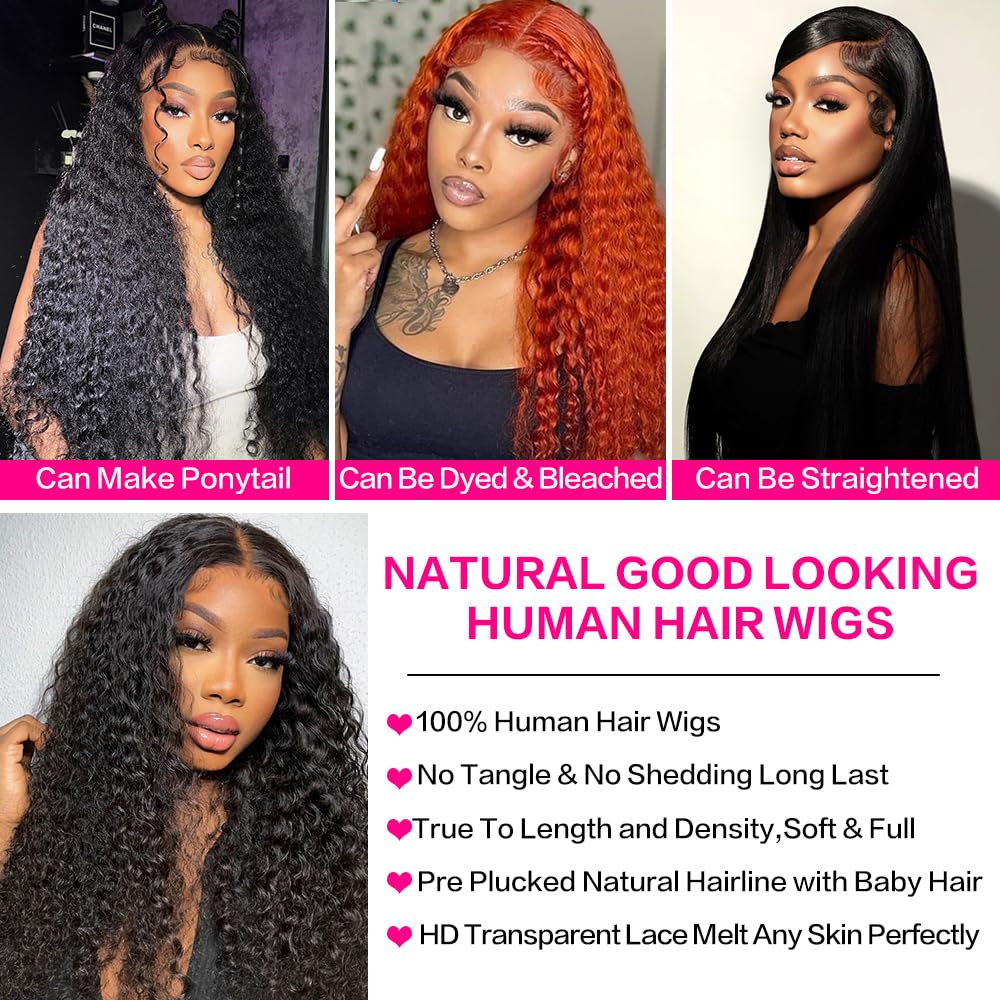 13x6 Deep Wave Lace Front Wig – 200% Density, HD Transparent, Pre-Plucked, Glueless Curly Human Hair