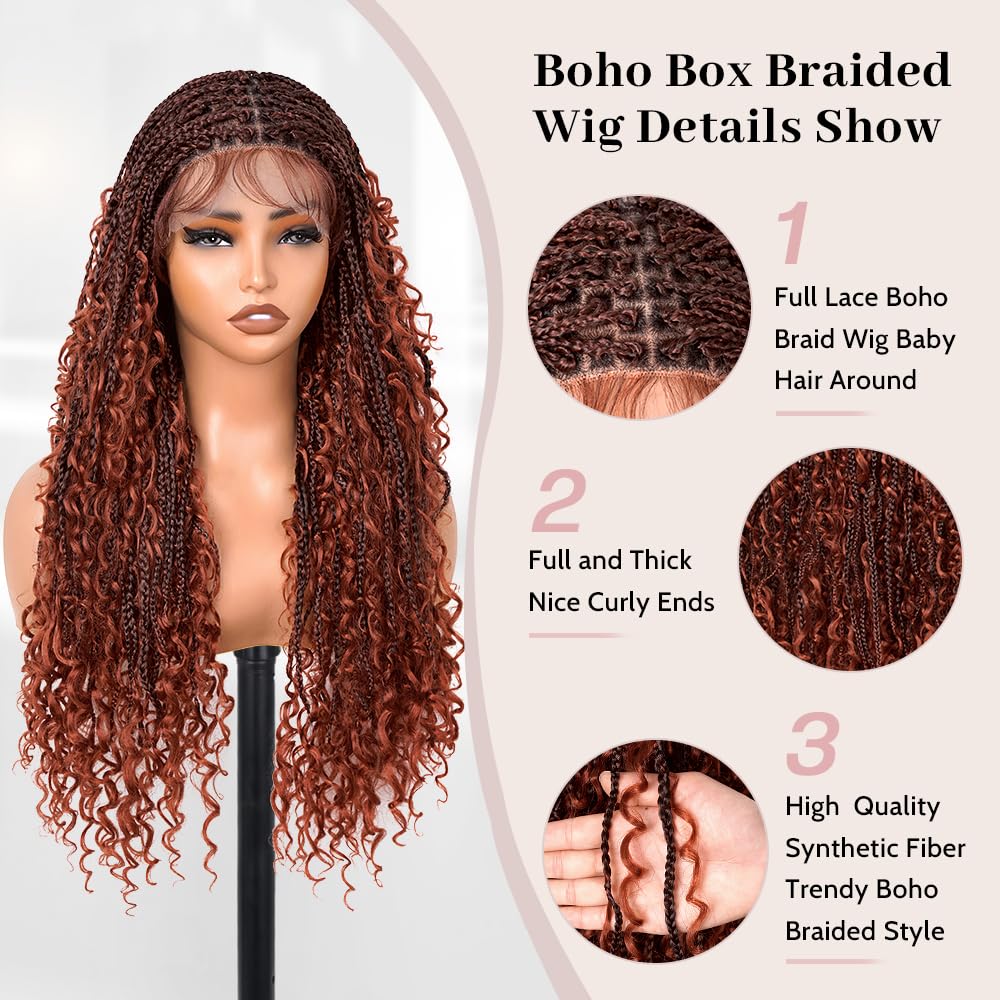 Knotless Boho Box Braid Wig – 28" Goddess Braids with Curly Ends & Baby Hair (#1BT350)