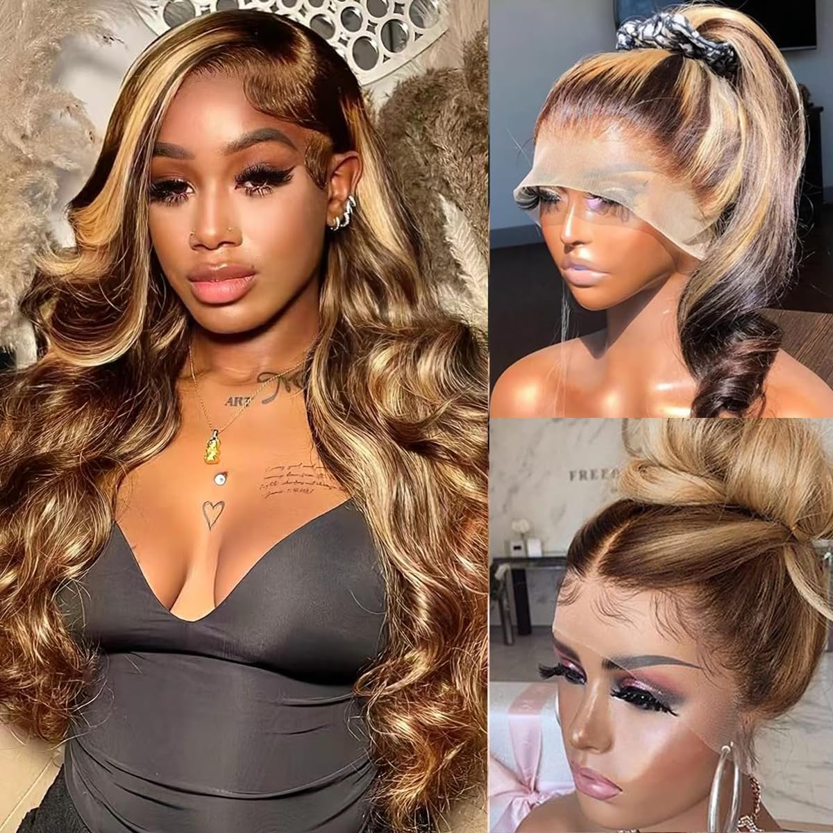 360 Lace Front Human Hair Wig Ombre 4/27 Honey Blonde HD Wig