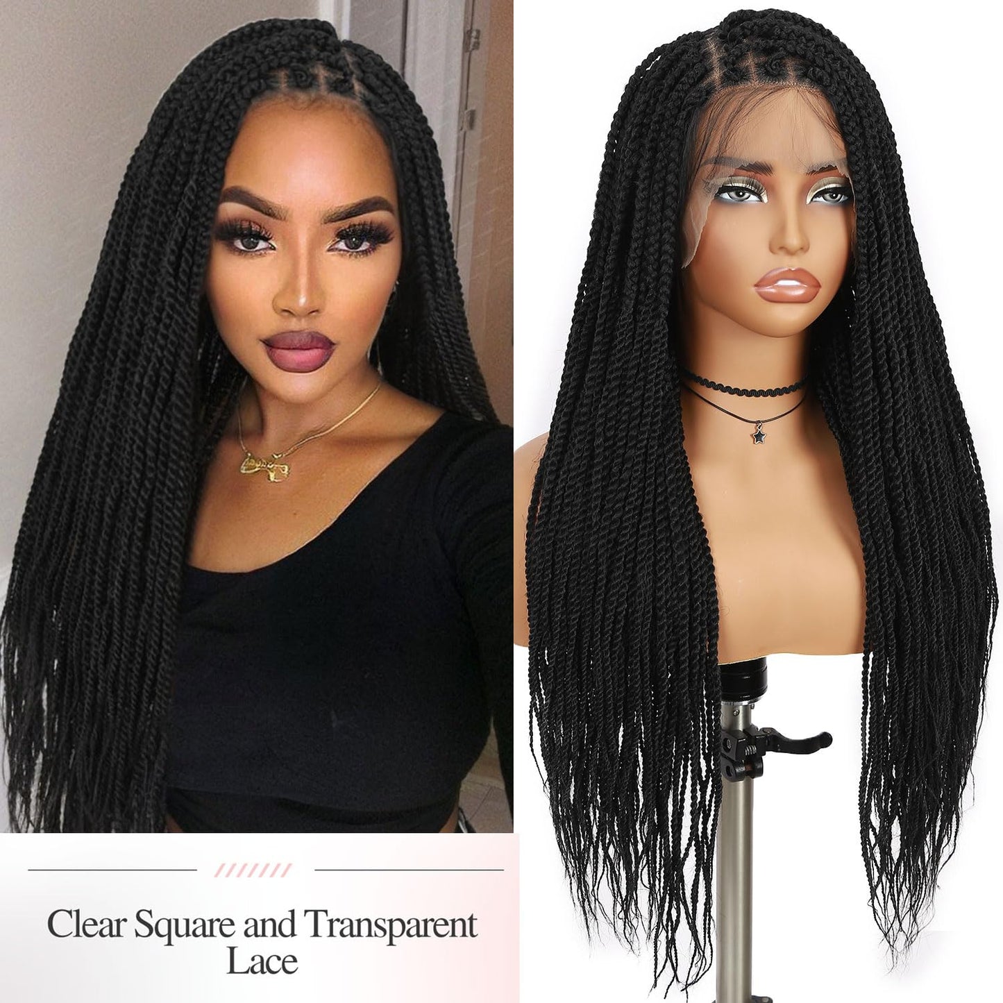 30-Inch Square Knotless Long Twist Braided Wig – Double Lace Glueless Wig for Black Women