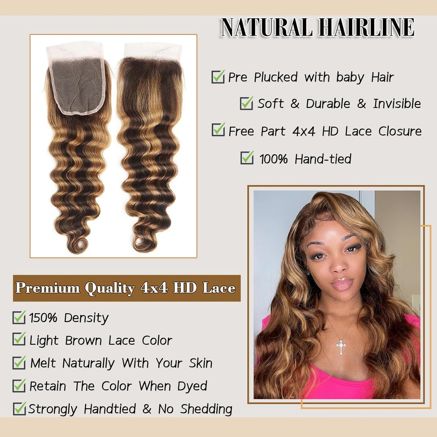 Blonde Highlight Loose Deep Wave Bundles with 4x4 HD Lace Closure - Human Hair
