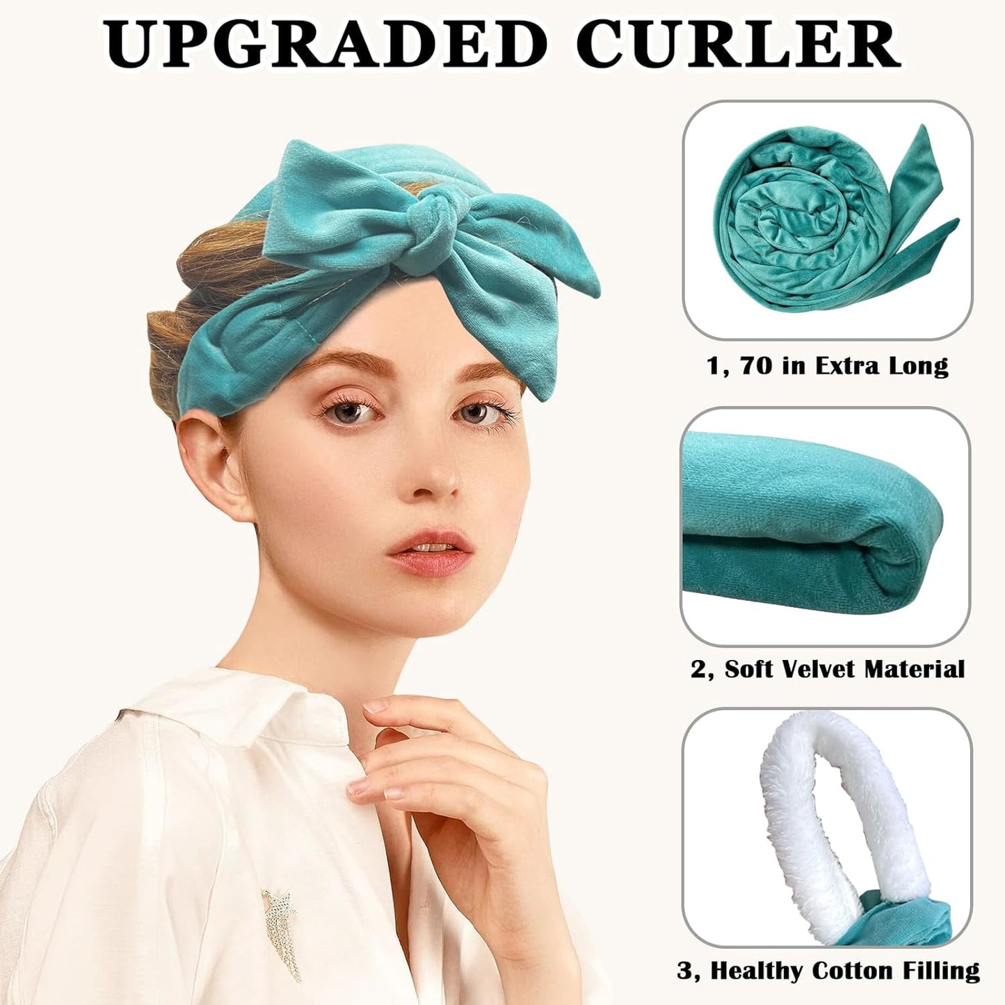 No Heat Curling Headband Set – 70'' Soft Ribbon for Long Hair, 9 PCS (Blue Green)