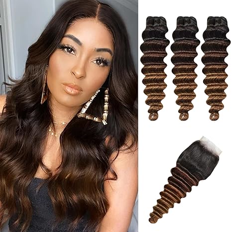Blonde Highlight Loose Deep Wave Bundles with 4x4 HD Lace Closure - Human Hair