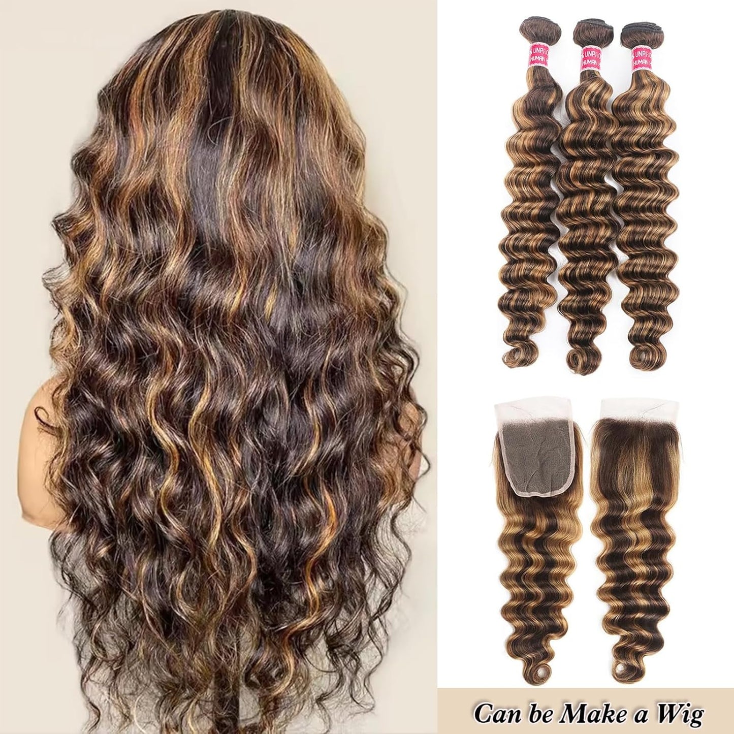 Blonde Highlight Loose Deep Wave Bundles with 4x4 HD Lace Closure - Human Hair