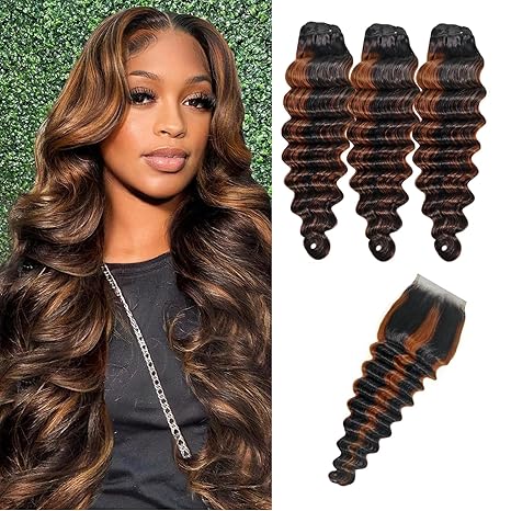 Blonde Highlight Loose Deep Wave Bundles with 4x4 HD Lace Closure - Human Hair