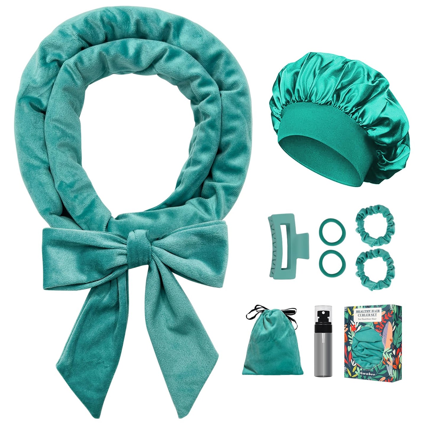 No Heat Curling Headband Set – 70'' Soft Ribbon for Long Hair, 9 PCS (Blue Green)