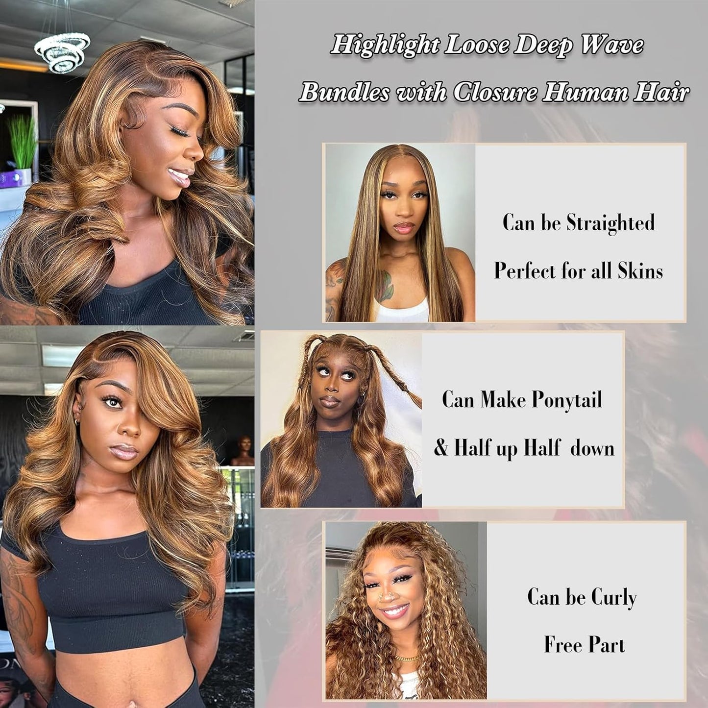 Blonde Highlight Loose Deep Wave Bundles with 4x4 HD Lace Closure - Human Hair