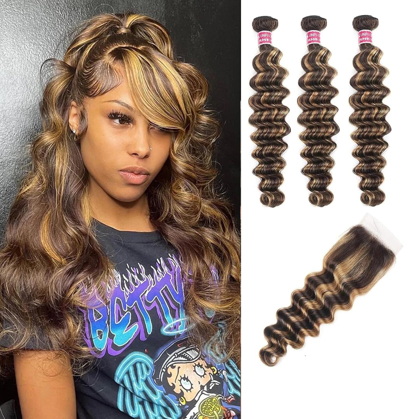 Blonde Highlight Loose Deep Wave Bundles with 4x4 HD Lace Closure - Human Hair