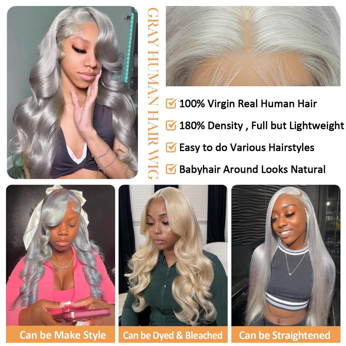 Grey Lace Front Body Wave Human Hair HD Lace, Pre-Plucked, Glueless, 180 Density