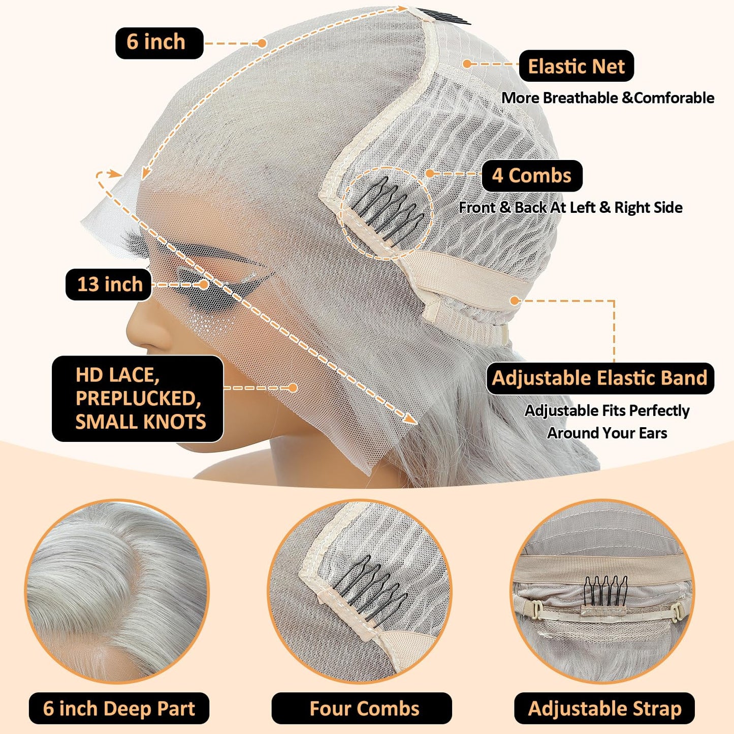 Grey Lace Front Body Wave Human Hair HD Lace, Pre-Plucked, Glueless, 180 Density