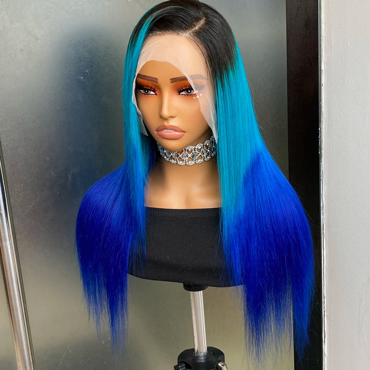 Ombre Blue 13x4 Lace Front Human Hair Wig 180% Density