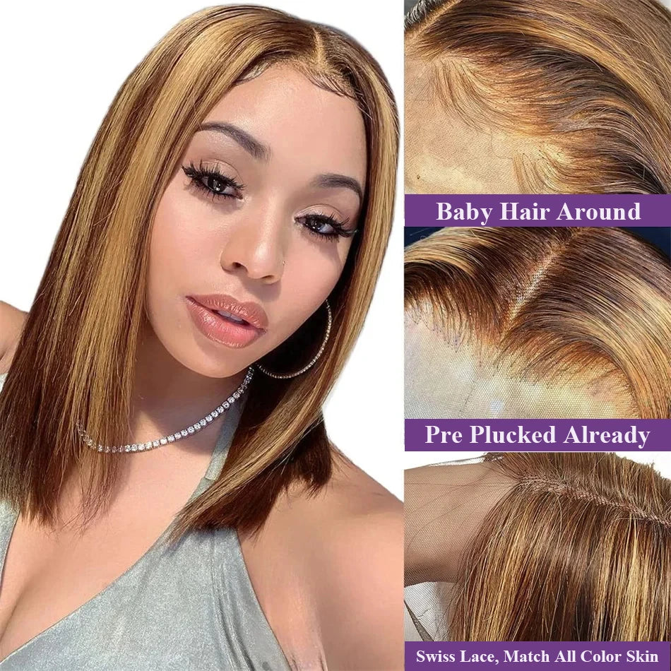 4/27 Highlight Straight Bob Wig 13x4 HD Lace Human Hair Wig
