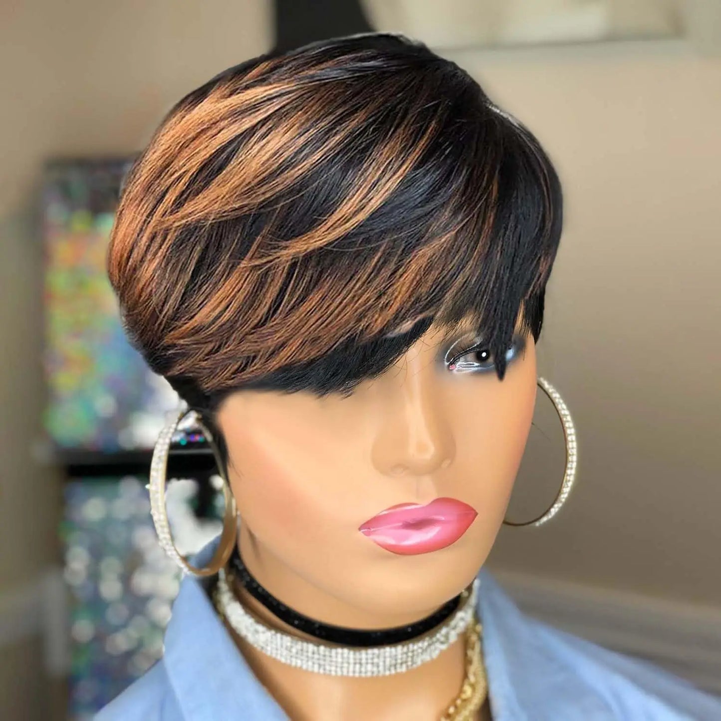 Pixie Cut Human Hair Wig – Short Wavy 1B/30 Color Curly Wig