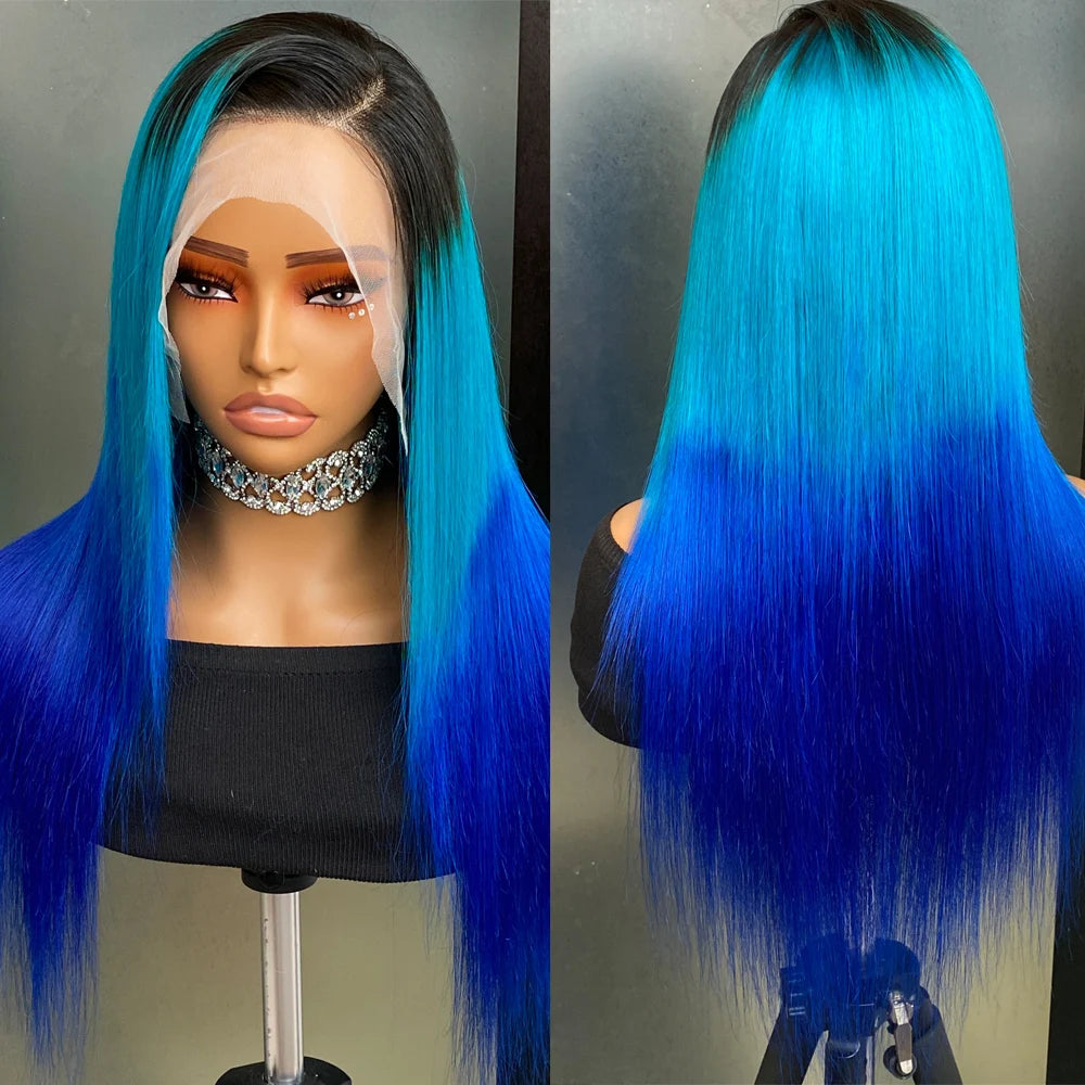Ombre Blue 13x4 Lace Front Human Hair Wig 180% Density