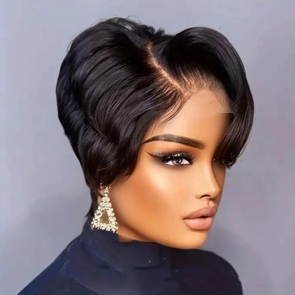 Short Bob Lace Wig – Human Hair Pixie Cut, Pre-Plucked, 1B Color
