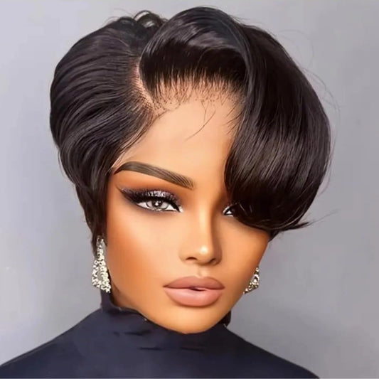 Short Bob Lace Wig – Human Hair Pixie Cut, Pre-Plucked, 1B Color