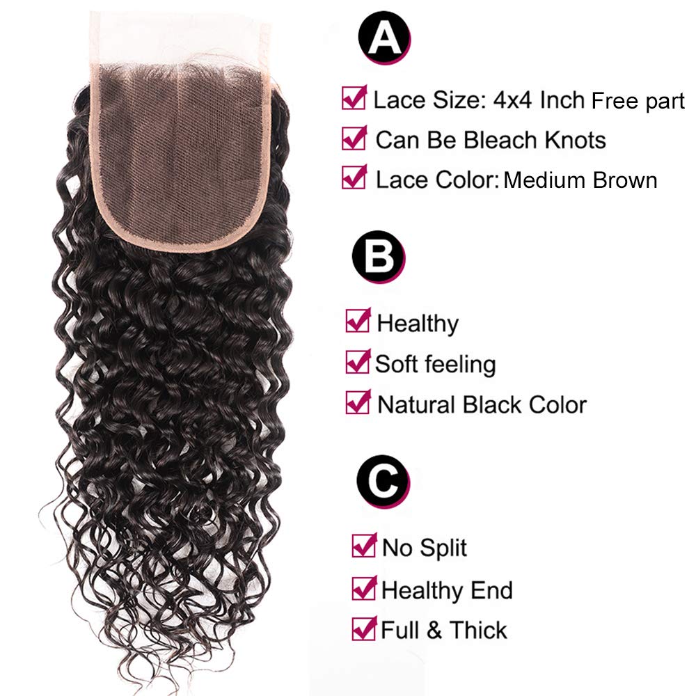 Water Wave Human Hair Bundles with Closure – Virgin Hair, Deep Wave, Natural Color