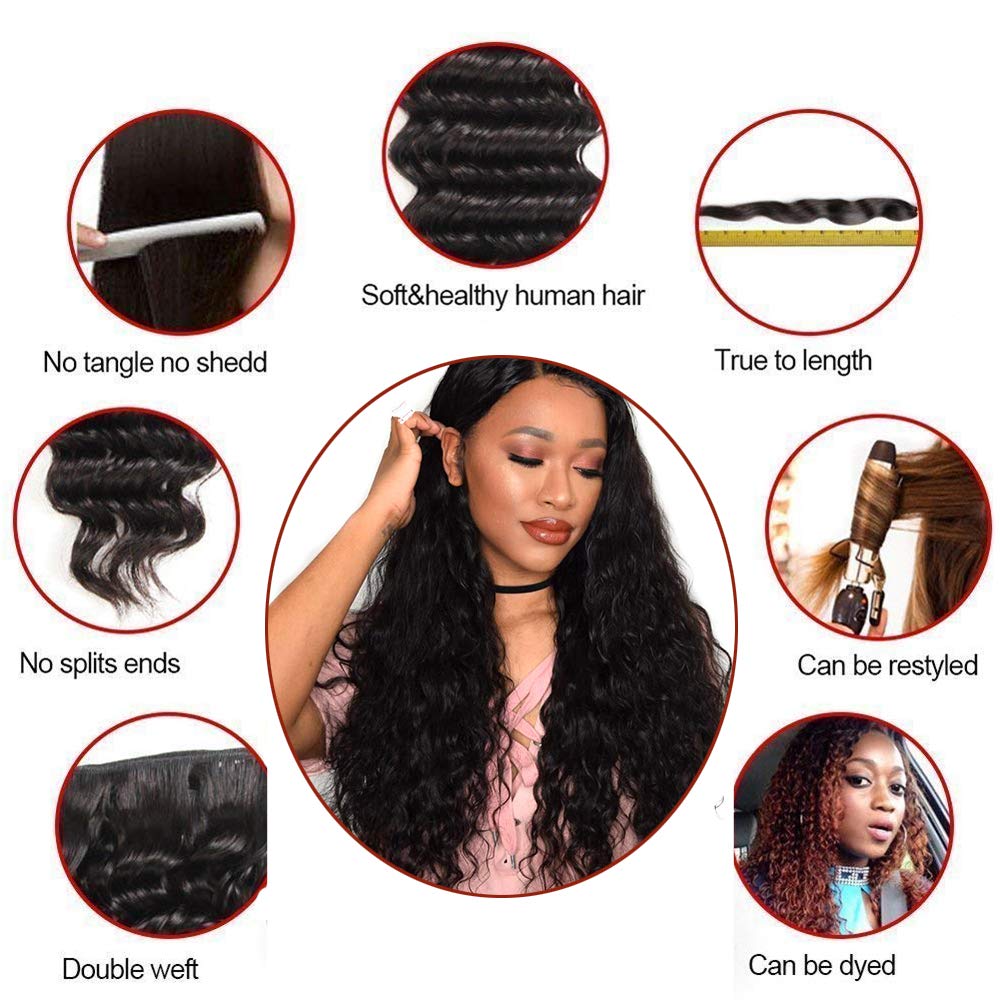 Water Wave Human Hair Bundles with Closure – Virgin Hair, Deep Wave, Natural Color