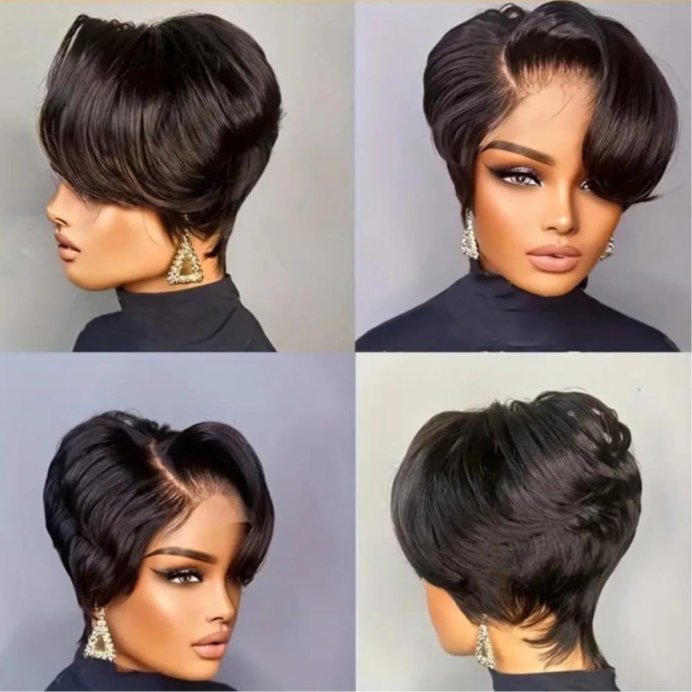 Short Bob Lace Wig – Human Hair Pixie Cut, Pre-Plucked, 1B Color