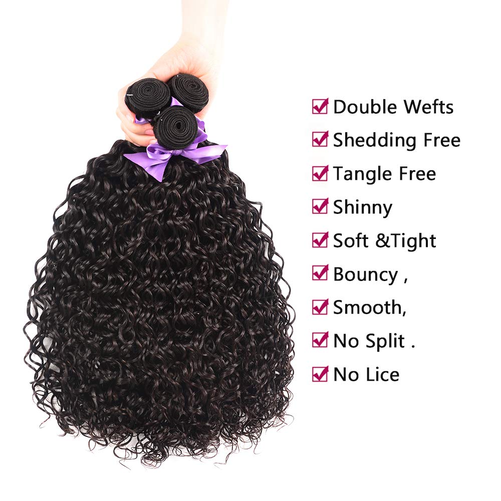 Water Wave Human Hair Bundles with Closure – Virgin Hair, Deep Wave, Natural Color