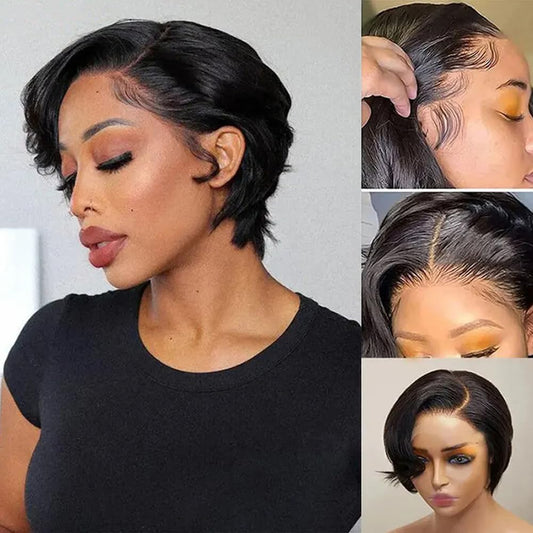 13x4 Pixie Cut Lace Front Wig – Short Straight Human Hair, Pre-Plucked, Glueless, Brazilian Virgin Hair