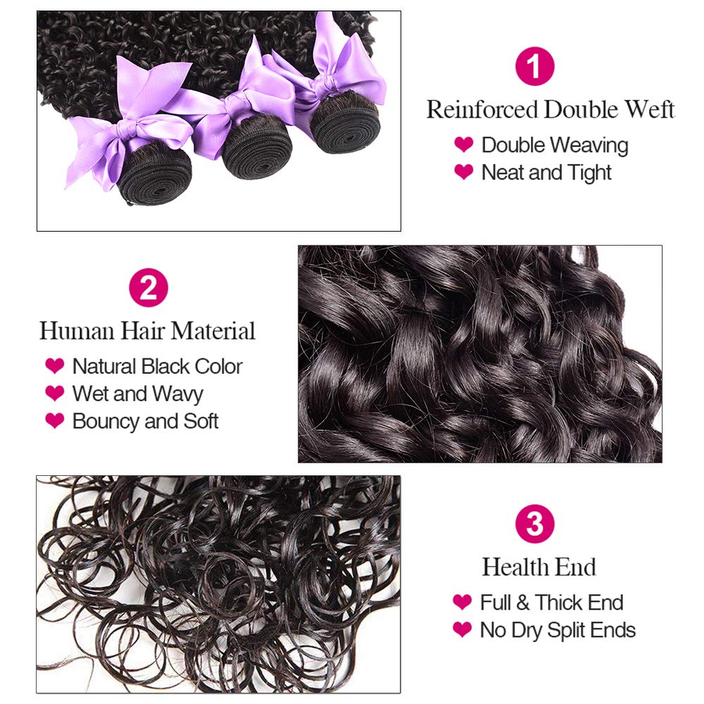 Water Wave Human Hair Bundles with Closure – Virgin Hair, Deep Wave, Natural Color
