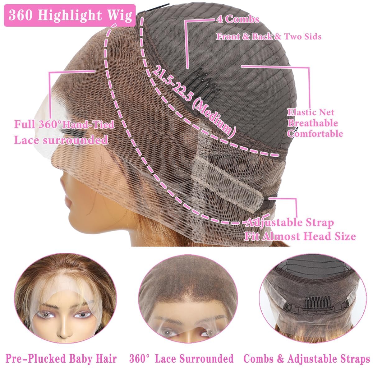 360 Lace Front Human Hair Wig Ombre 4/27 Honey Blonde HD Wig