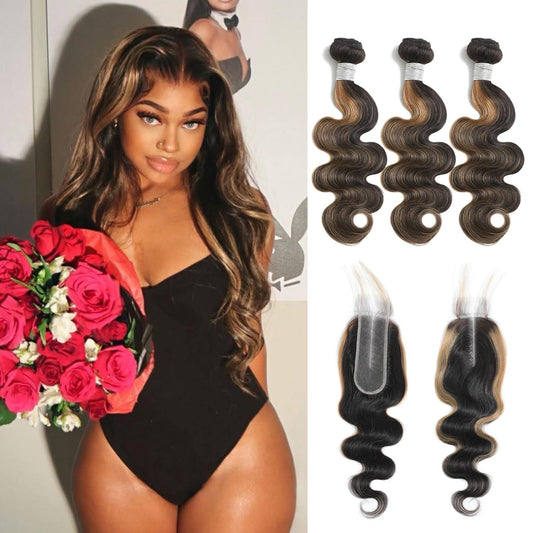 Honey Blonde Body Wave Bundles with 2x6 Closure – #FB27 Ombre Human Hair