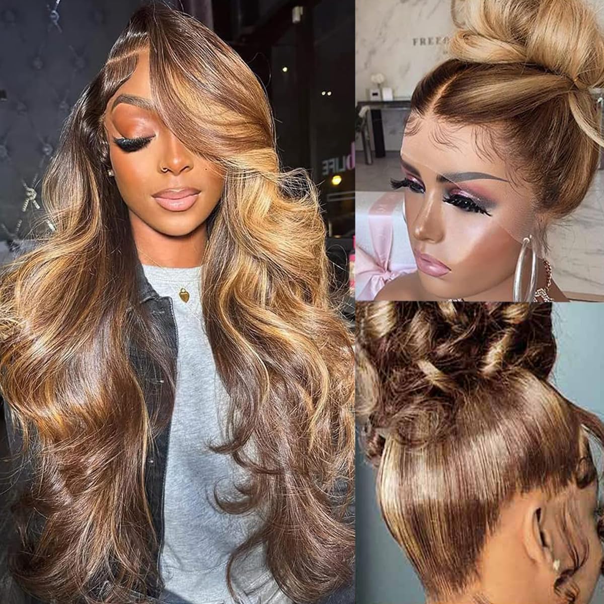 360 Lace Front Human Hair Wig Ombre 4/27 Honey Blonde HD Wig