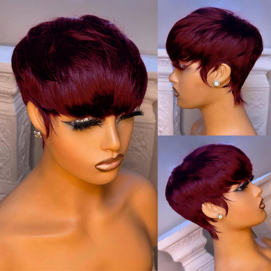 99J Pixie Cut Bob Wig – Burgundy Human Hair, Glueless, No Lace, with Bang