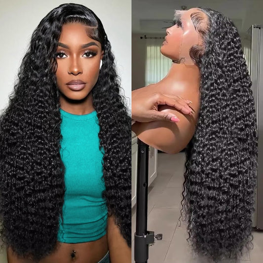 13x6 Deep Wave Lace Front Wig 200 Density 34" Curly Human Hair, HD Transparent, Pre-Plucked with Baby Hair