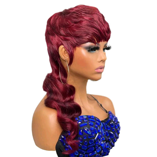 Burgundy Mullet Pixie Cut Wig – 18'' Body Wave Human Hair, Glueless, No Lace, Layered Style
