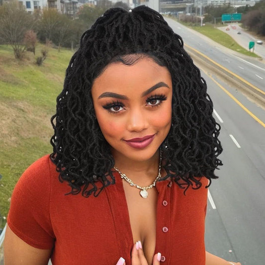 14-Inch Faux Locs Full Lace Wig – Short Curly Dreadlock Braided Wig with Baby Hair (1B)