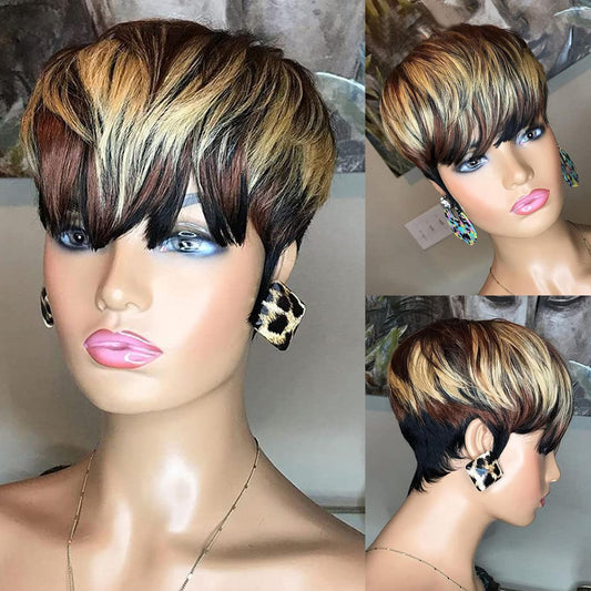 Blonde Highlight Pixie Cut Wig – Glueless Human Hair with Bangs, No Lace, 150% Density