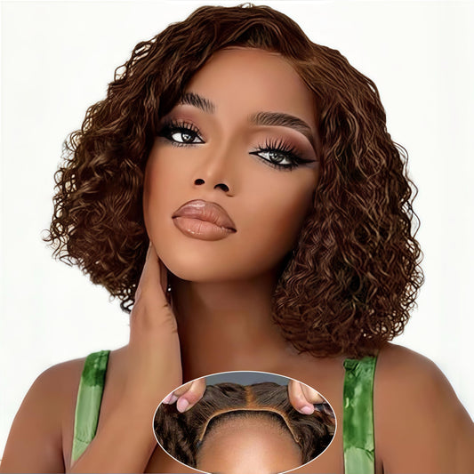 Chocolate Brown Water Wave Bob Wig – 4x4 HD Lace, 12'' Human Hair, Glueless, Pre-Plucked
