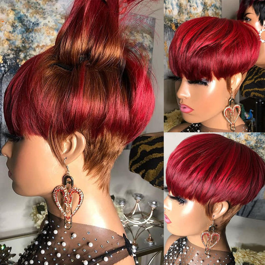 Burgundy Red Gold Pixie Cut Wig – Short Wavy Human Hair, Glueless with Bangs, No Lace