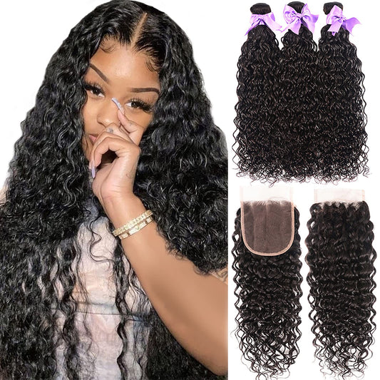 Water Wave Human Hair Bundles with Closure – Virgin Hair, Deep Wave, Natural Color