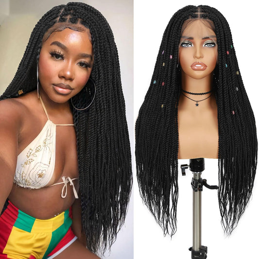 30-Inch Square Knotless Long Twist Braided Wig – Double Lace Glueless Wig for Black Women