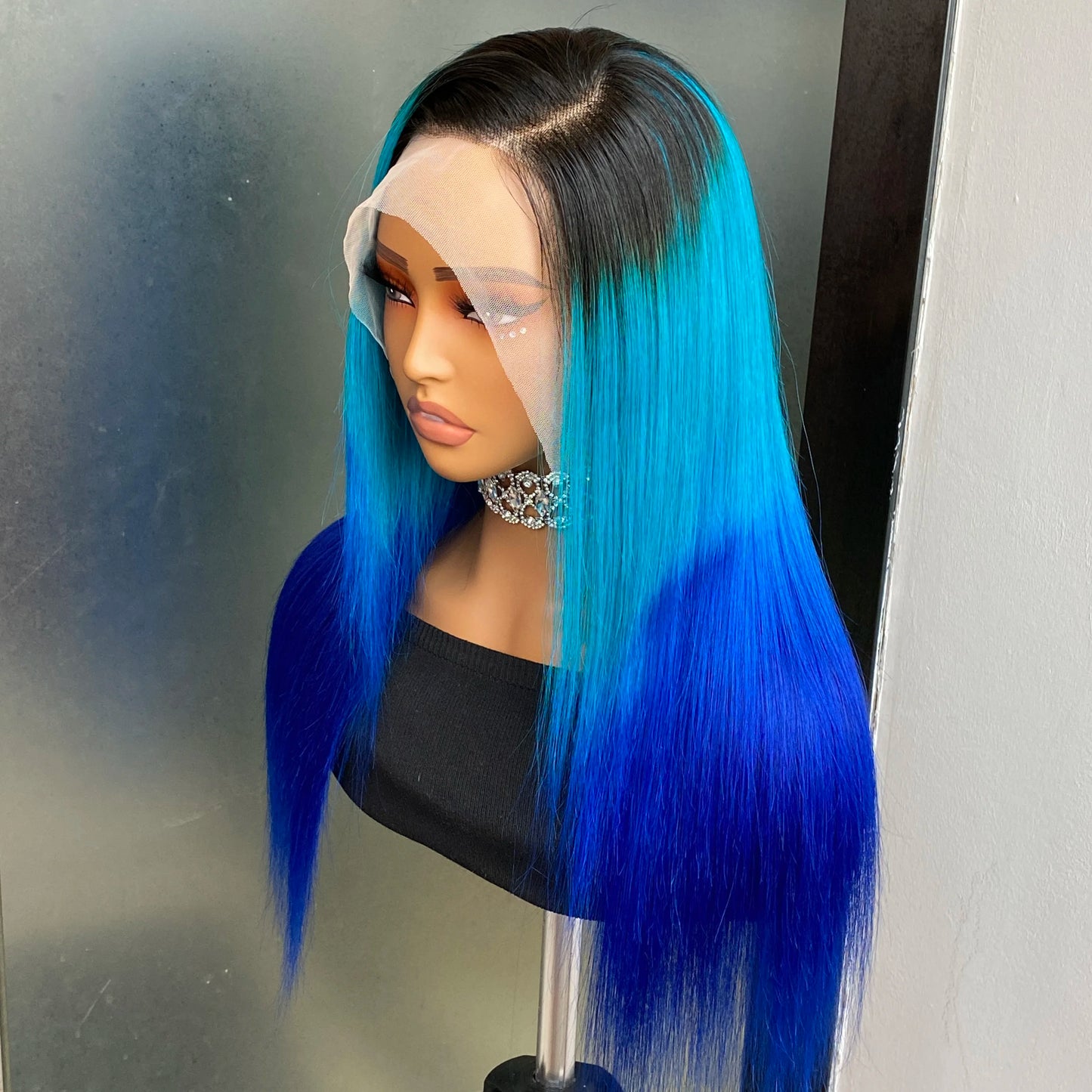 Ombre Blue 13x4 Lace Front Human Hair Wig 180% Density