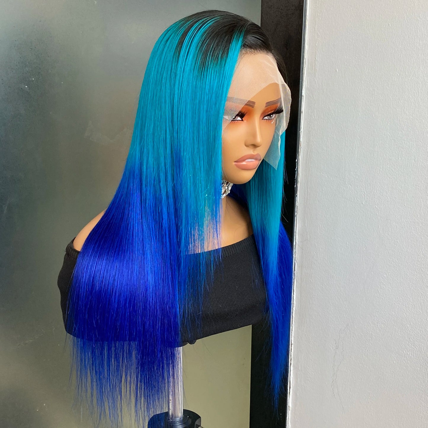 Ombre Blue 13x4 Lace Front Human Hair Wig 180% Density