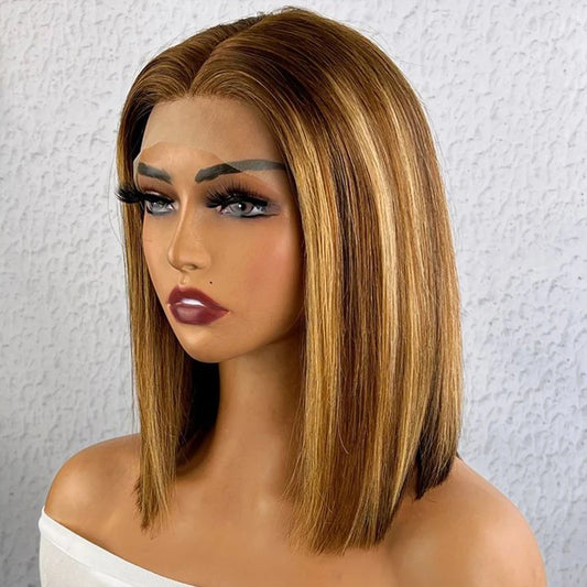 4/27 Highlight Straight Bob Wig 13x4 HD Lace Human Hair Wig