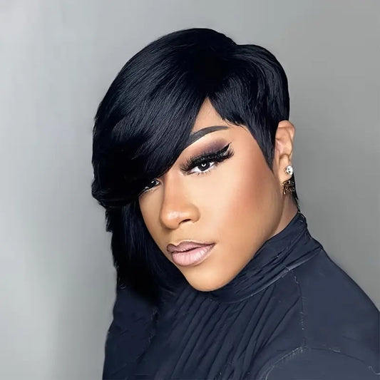 Straight Black Pixie Cut Wig – 8" Glueless Human Hair Wig with Long Bang